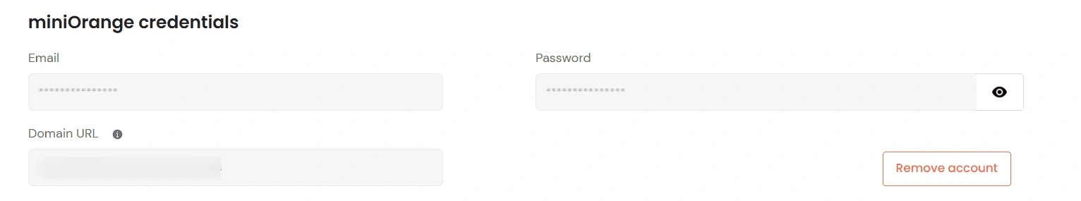 Privileged Access Management Admin Handbook: miniOrange credentials panel with Email, Password, and Domain URL fields