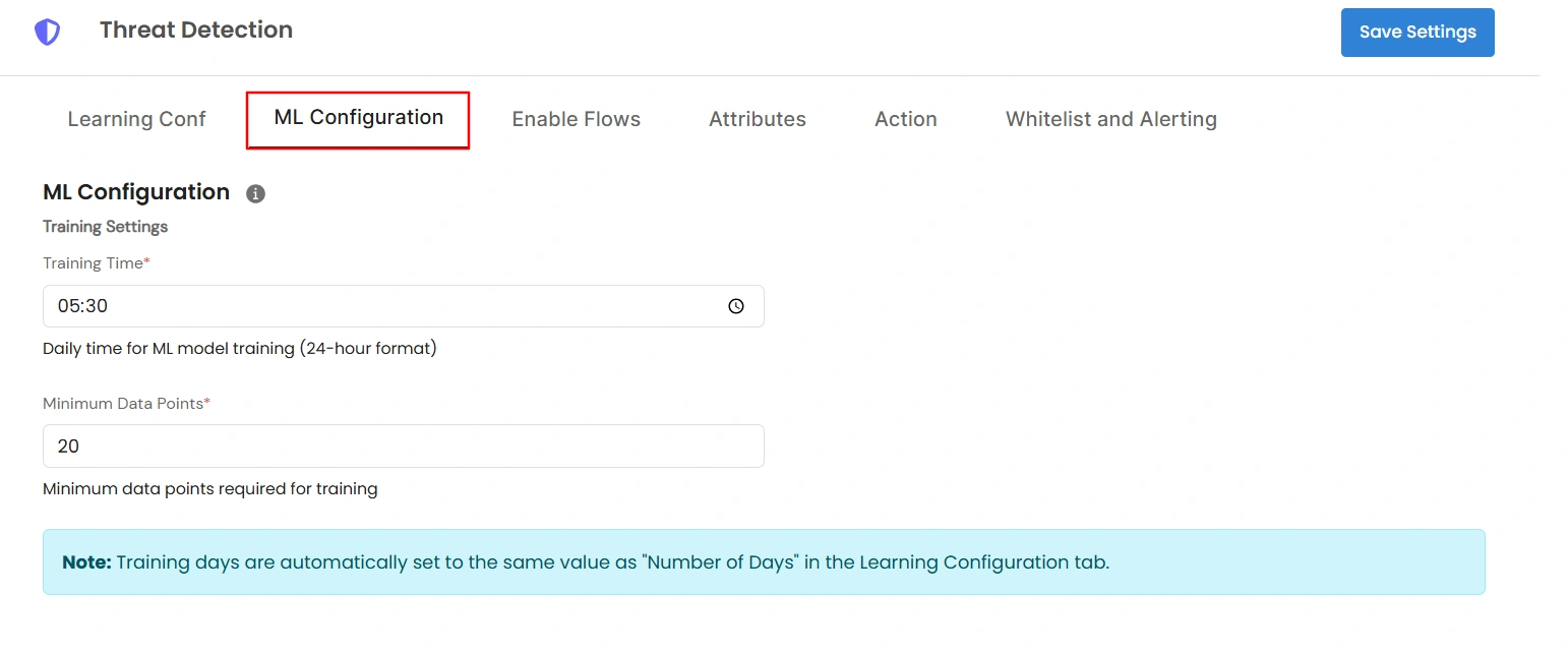 Privileged Access Management Admin Handbook: ML Configuration tab with Training Time and Minimum Data Points