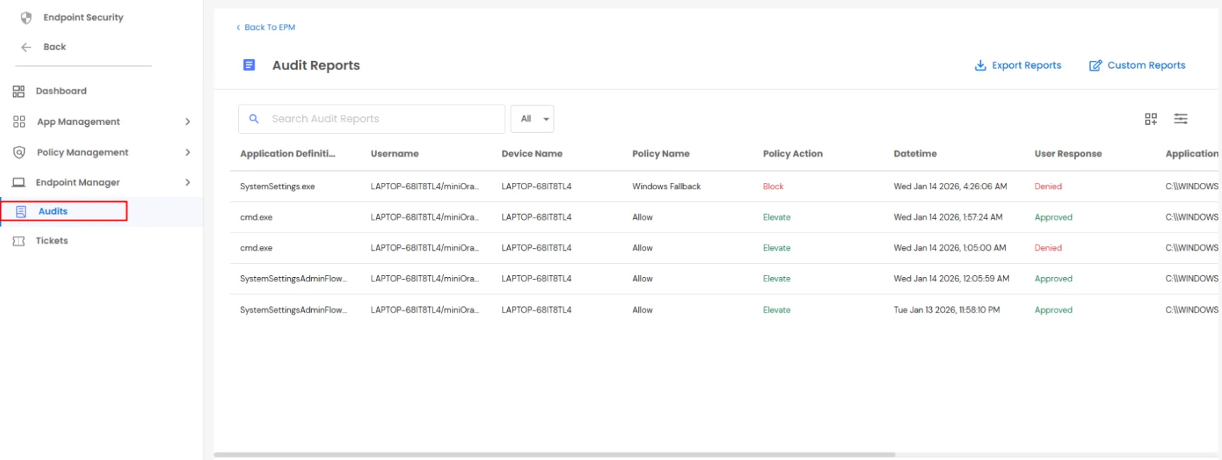 PAM Endpoint Navigate Audit Tab