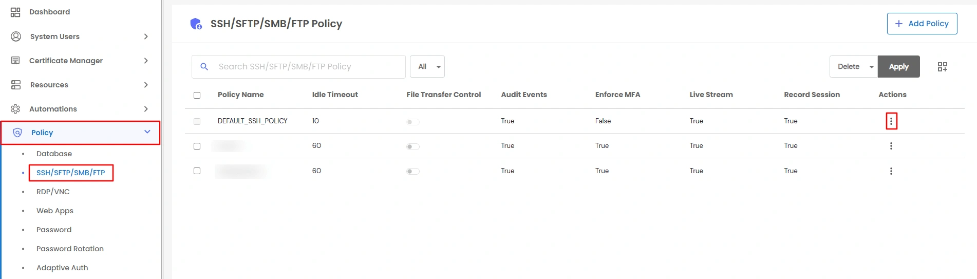 Privileged Access Management Admin Handbook: Navigate to Policy and open a resource type