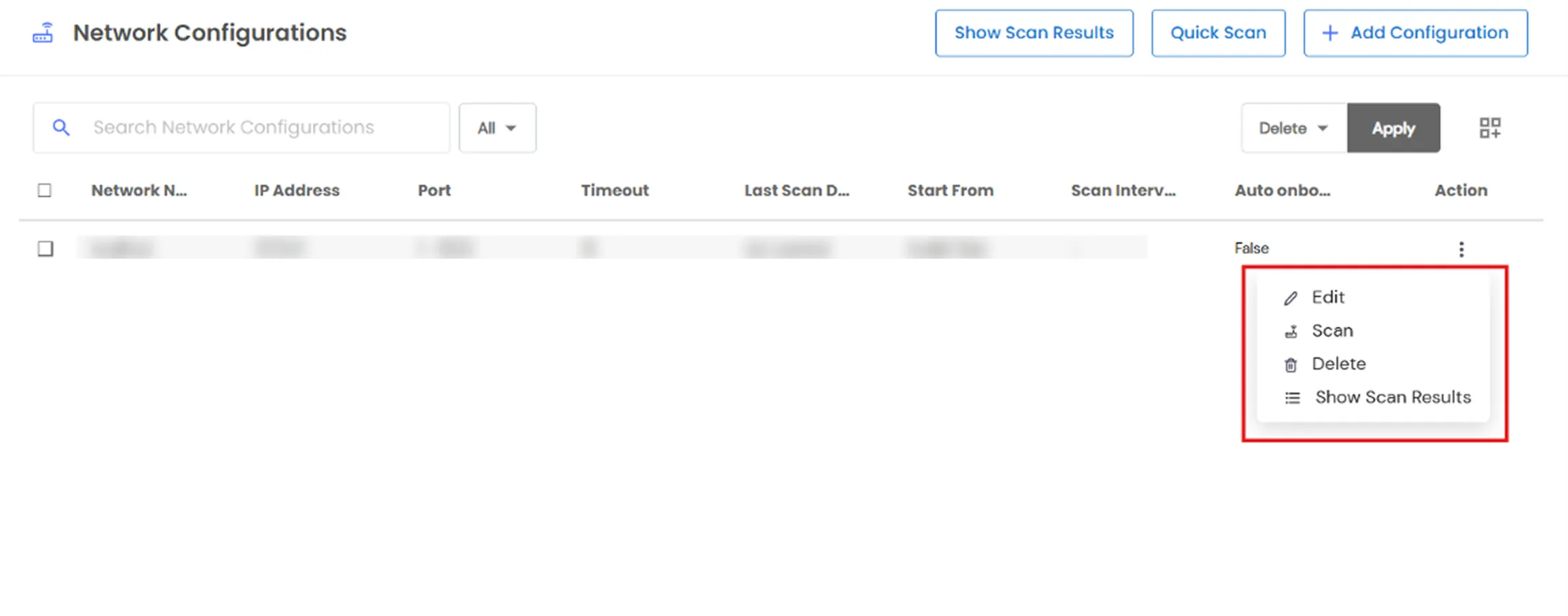 Network Scan: action menu