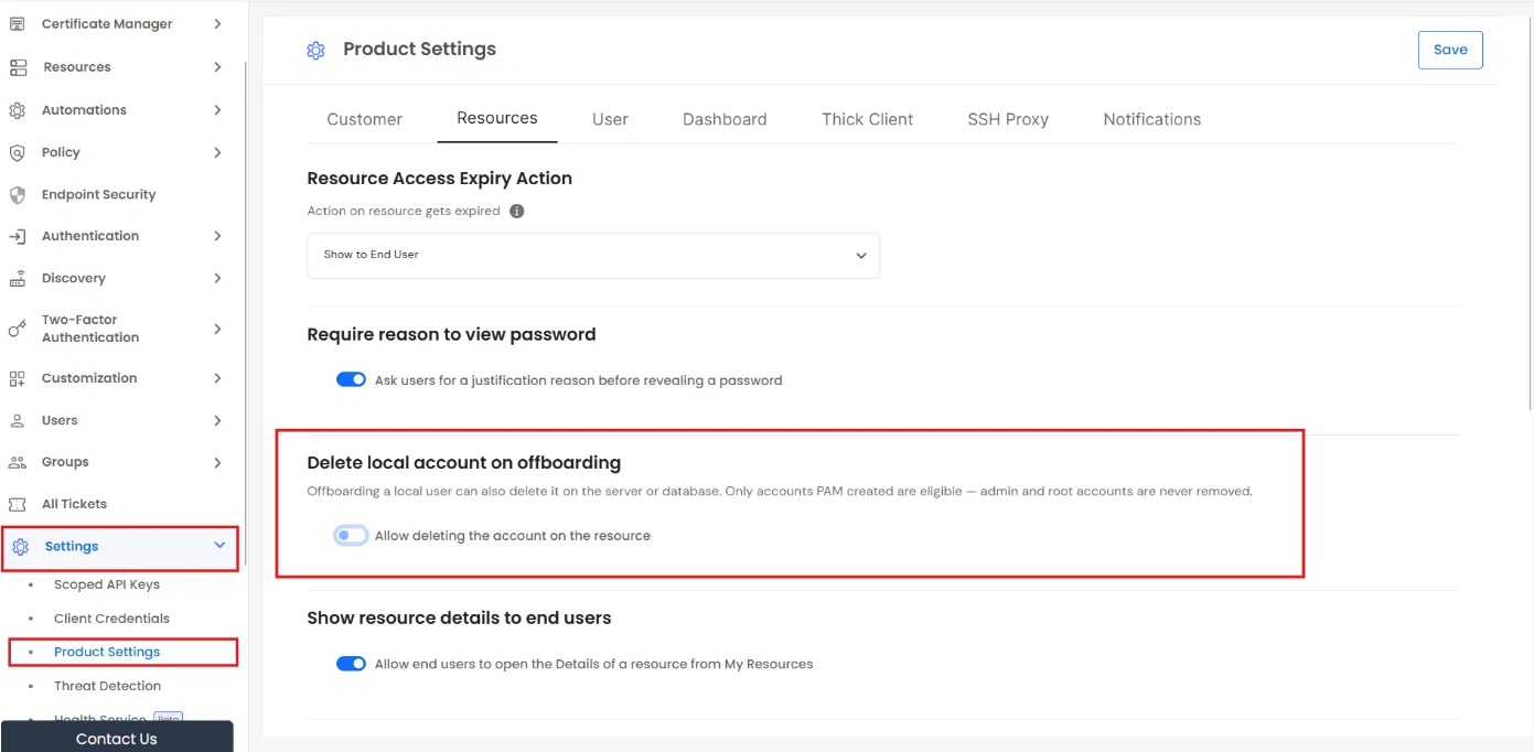 Local Accounts: Product Settings
