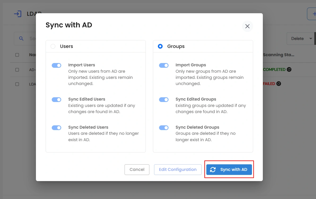 Import Groups from AD - sync with AD modal