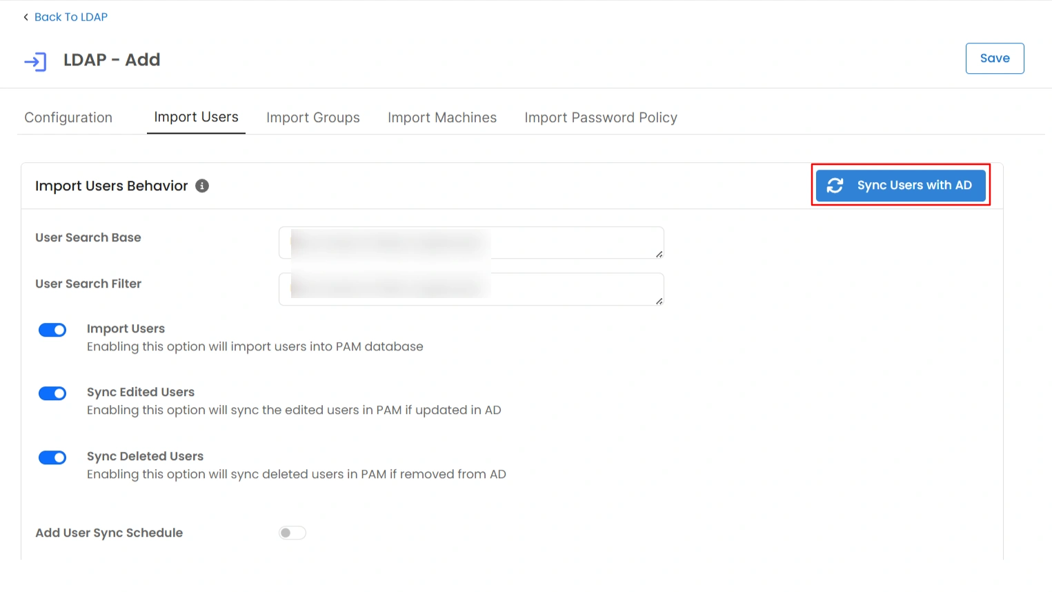 Import Users from AD - sync users via settings