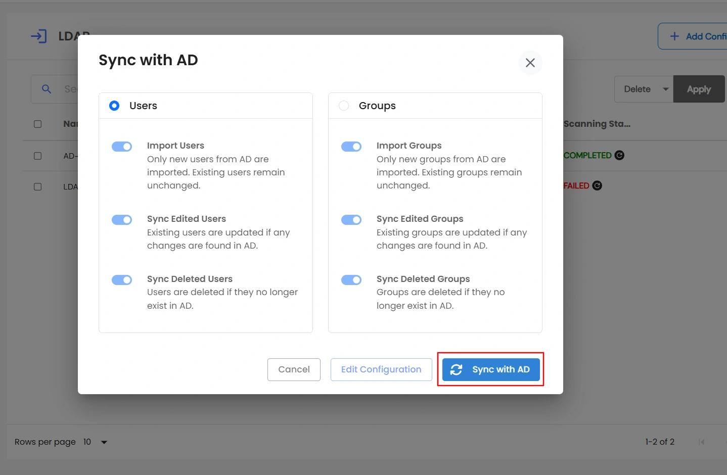 Import Users from AD - sync with AD modal