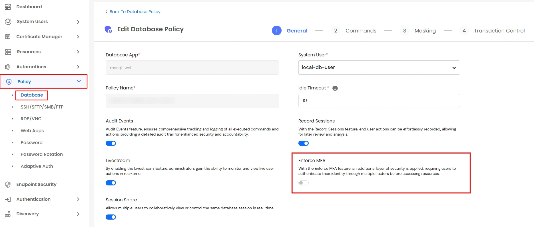 Privileged Access Management Admin Handbook: Enforce MFA toggle on the policy General tab