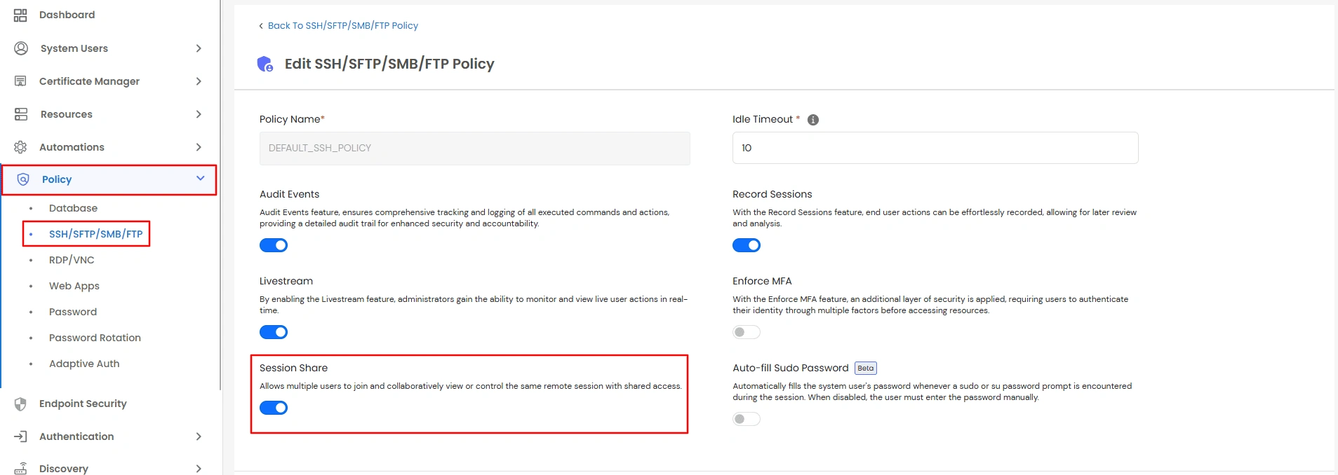 Privileged Access Management Admin Handbook: Turn on Session Share in the General section of a resource policy