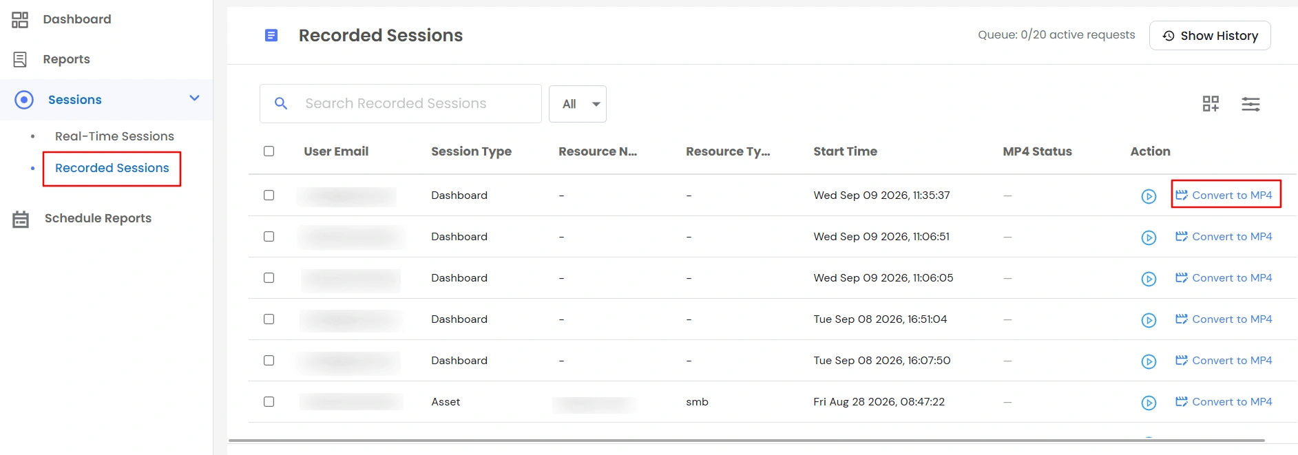 Privileged Access Management Admin Handbook: Convert to MP4 in the Action column of Recorded Sessions