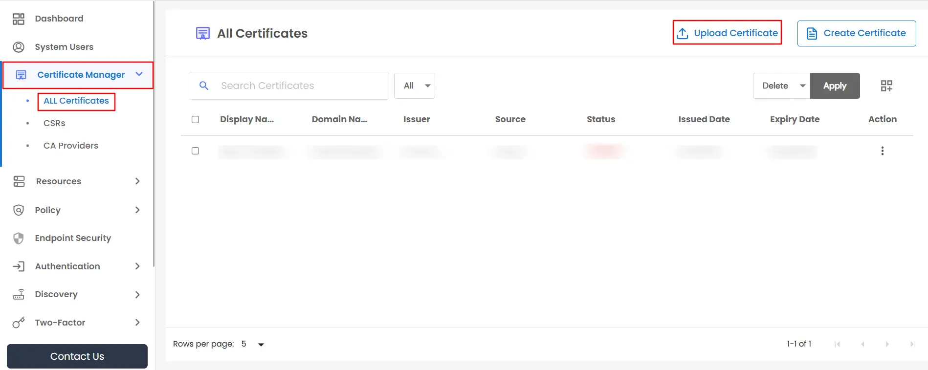 Certificate Manager - Upload Certificate button