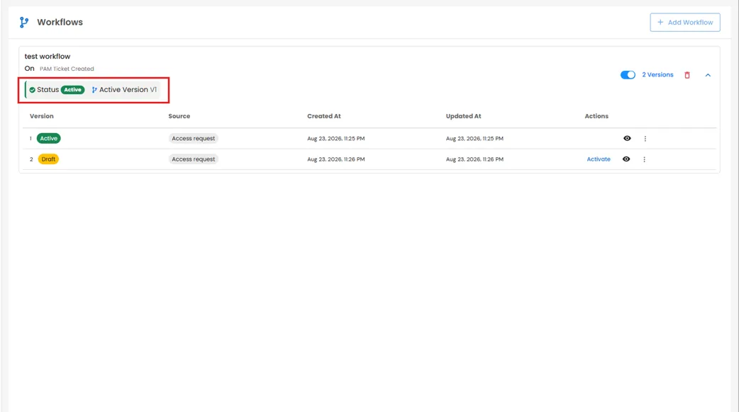 Workflow Automation: test workflow status and version