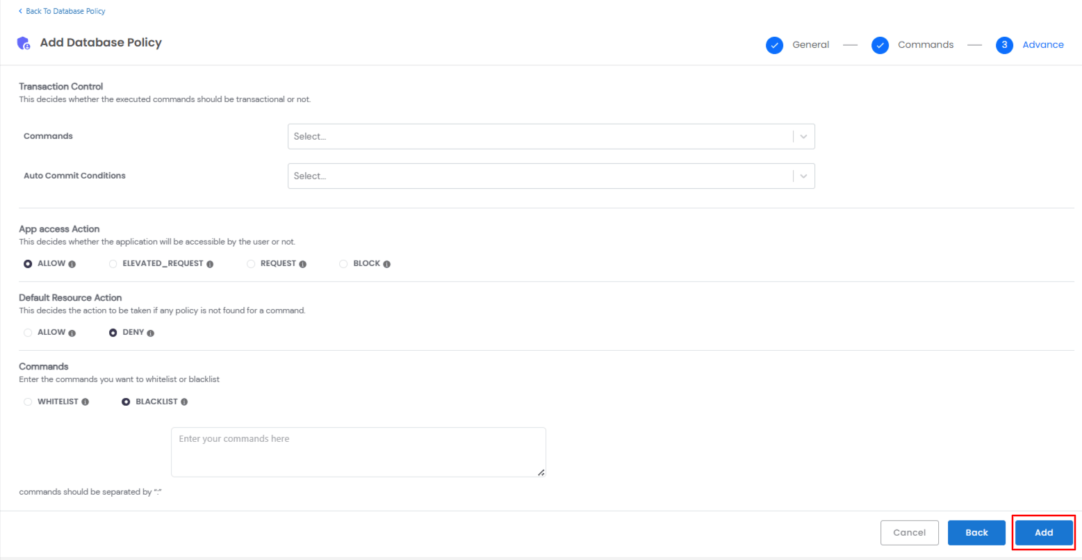 To Add a Setup New Database Policy Advance