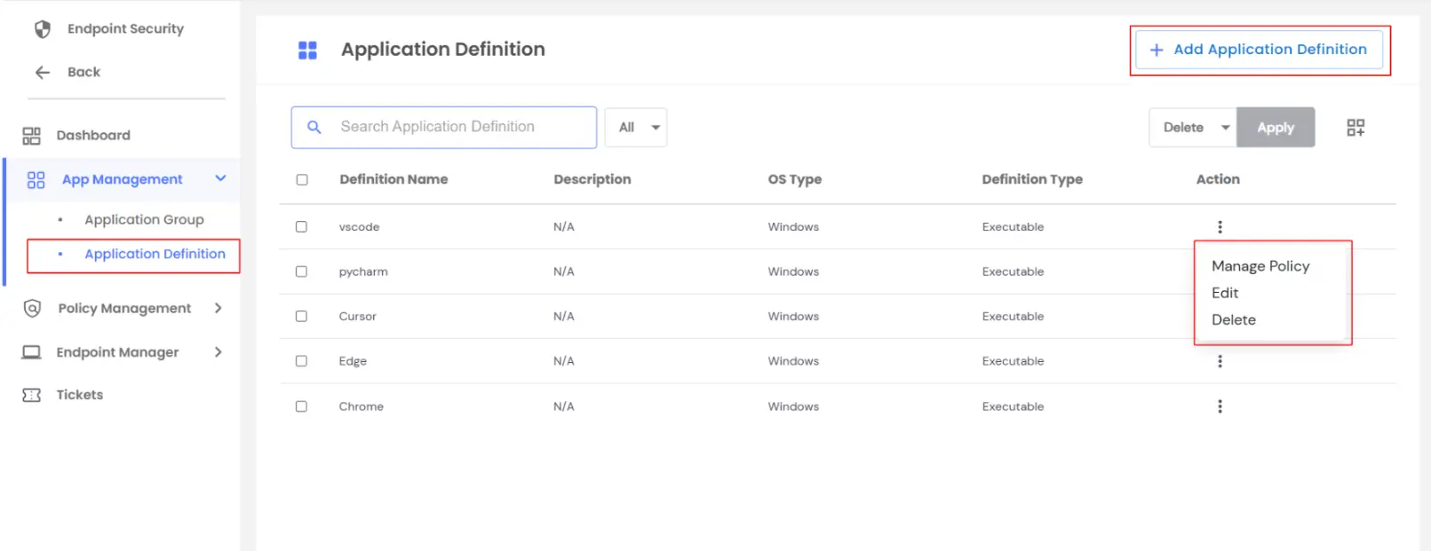 PAM Endpoint: Create New Application Definition 