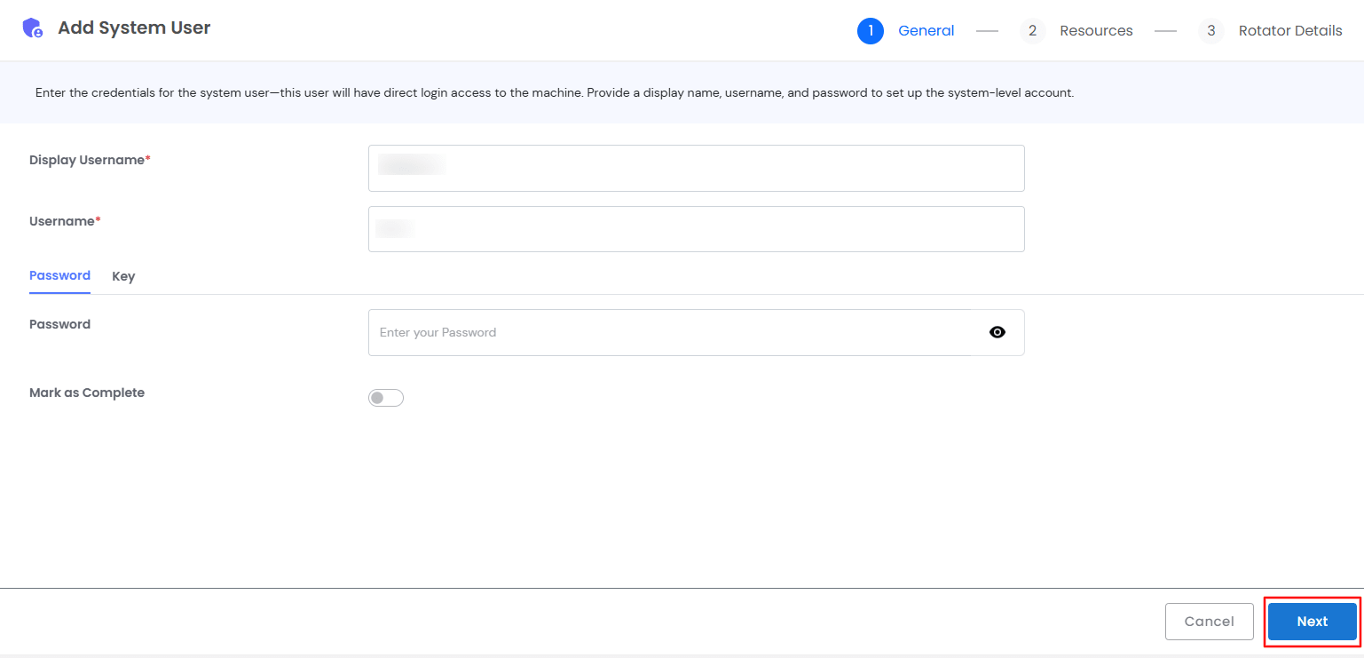 General section for configuring system user details and authentication credentials.