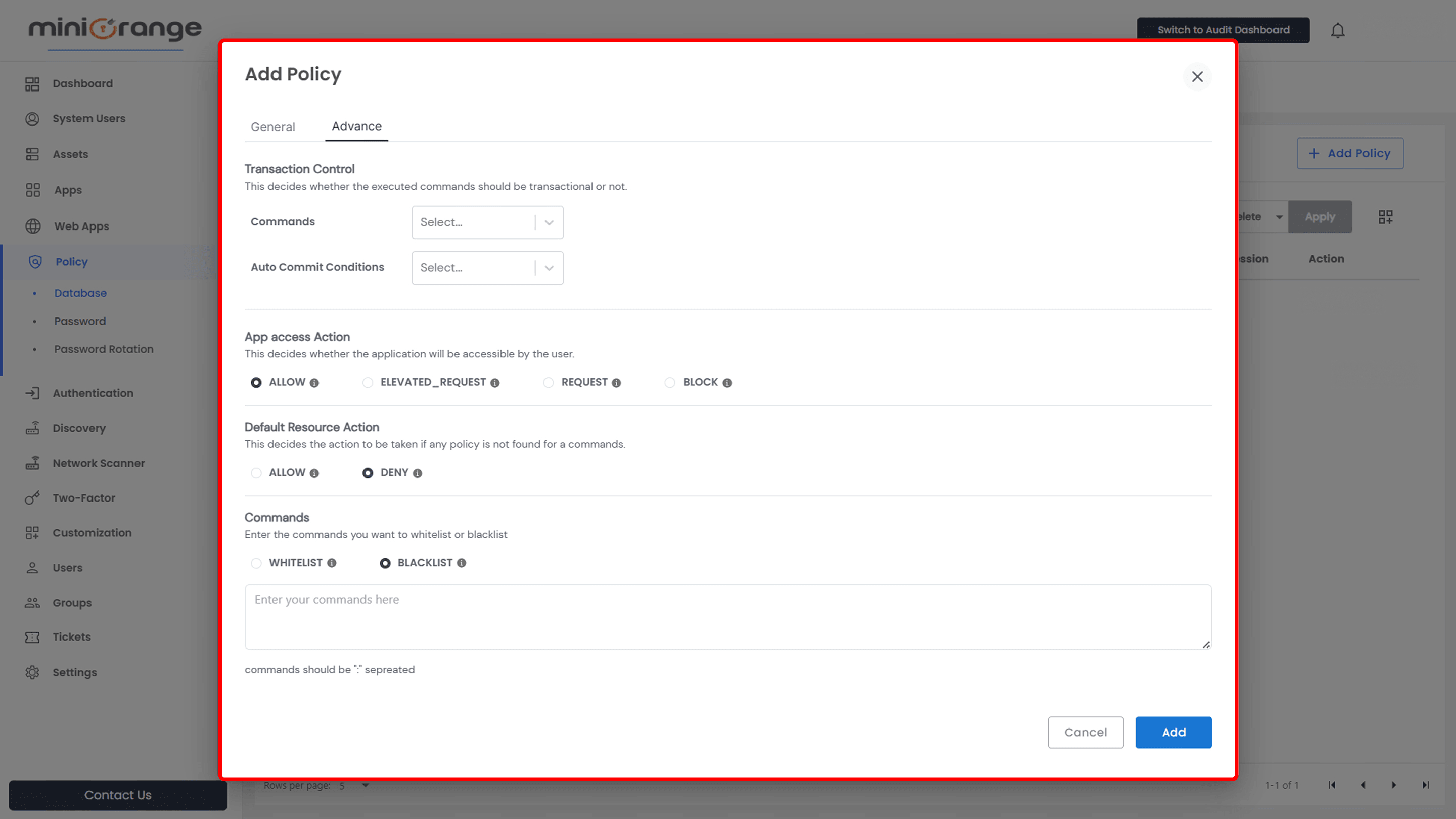 To Add a Setup New Database Policy Advance