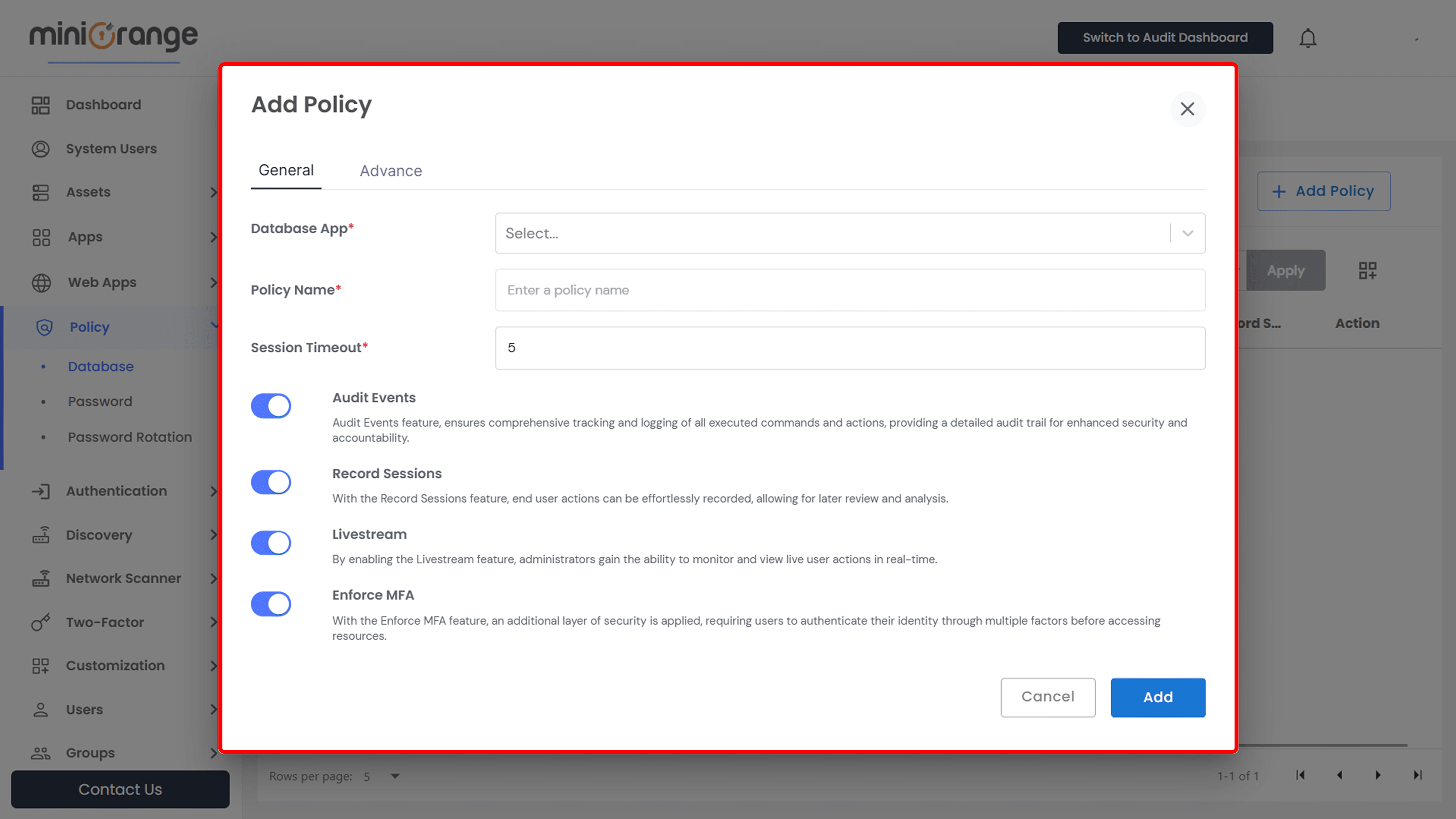 To Add a Setup New Database Policy General