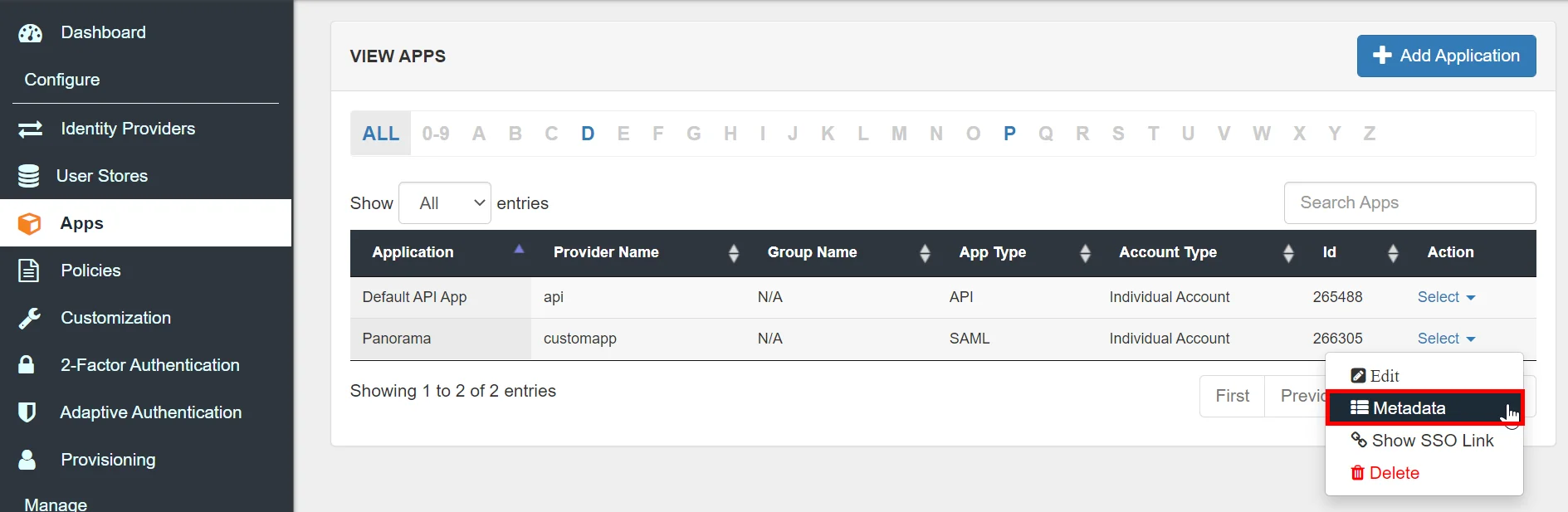 Panorama Single Sign On (sso) Select Metadata