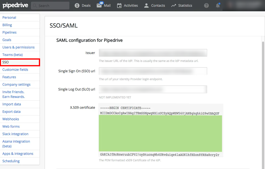 PipeDrive Single Sign On (SSO) Enter metadata