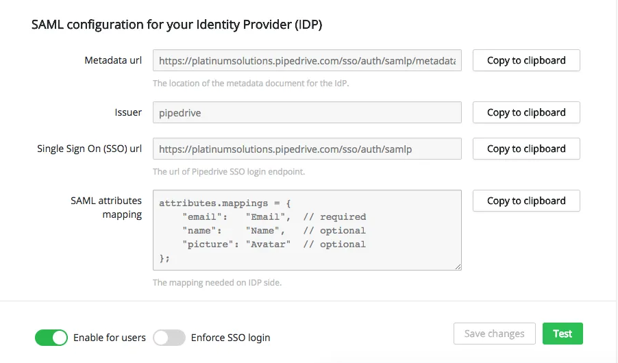 PipeDrive Single Sign On (SSO) Get Metadata for IDP