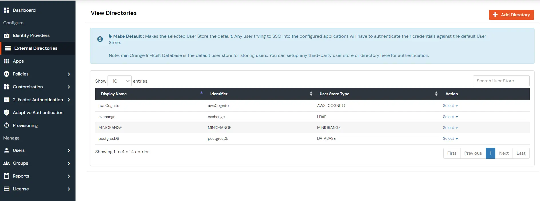 Configure PostgreSQL Database Provisioning: Edit External Directory dropdown