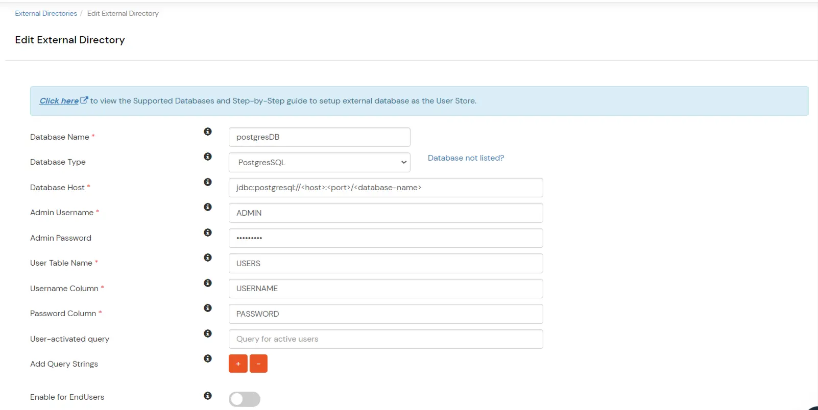 Configure PostgreSQL Database Provisioning: Query Strings for PostgreSQL database user provisioning