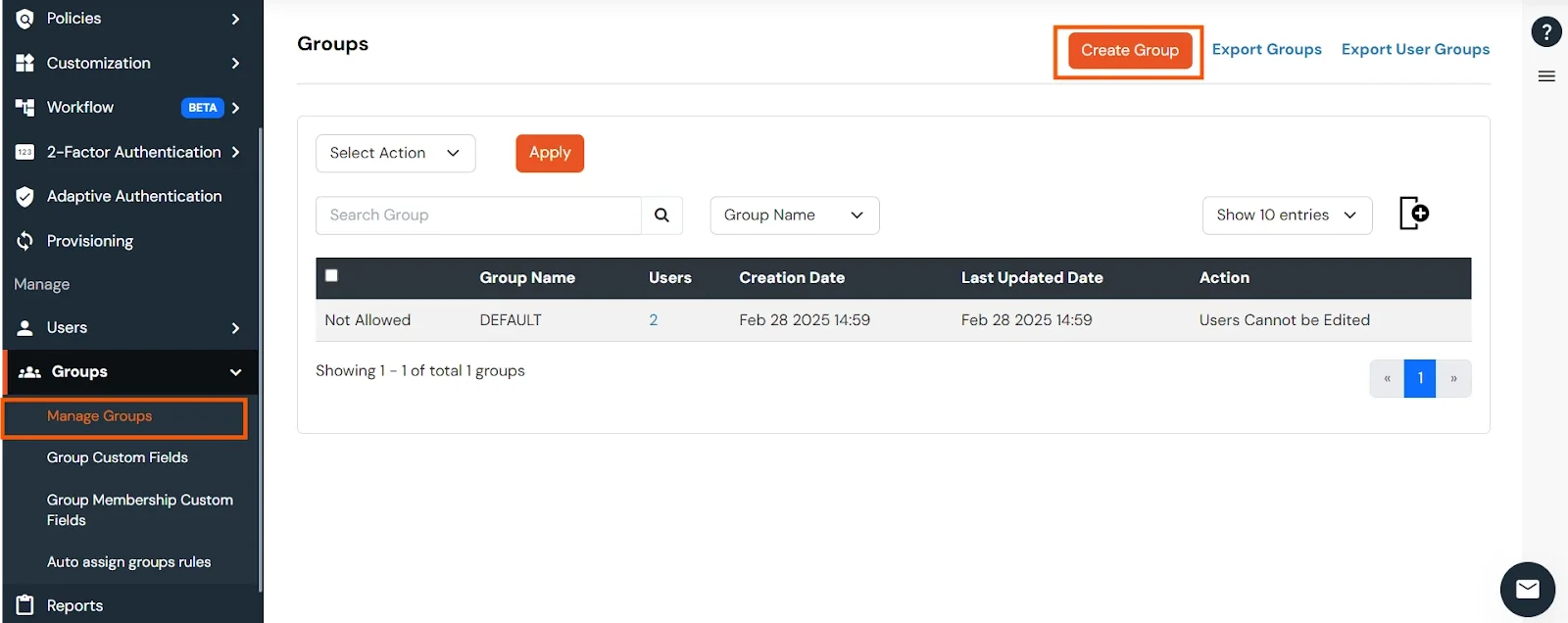 Create Group from Manage Groups section in Active Directory Provisioning