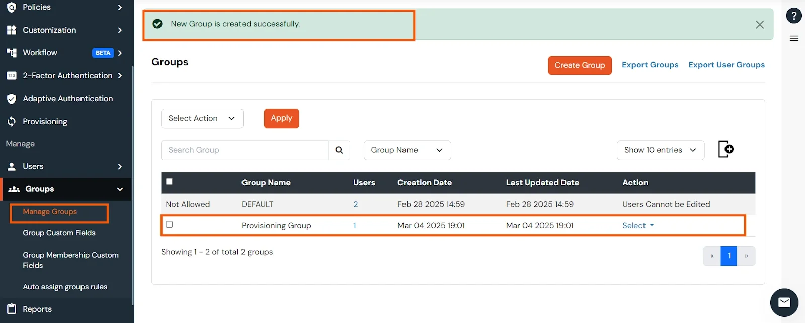 Group created successfully in Active Directory and listed under Manage Groups section