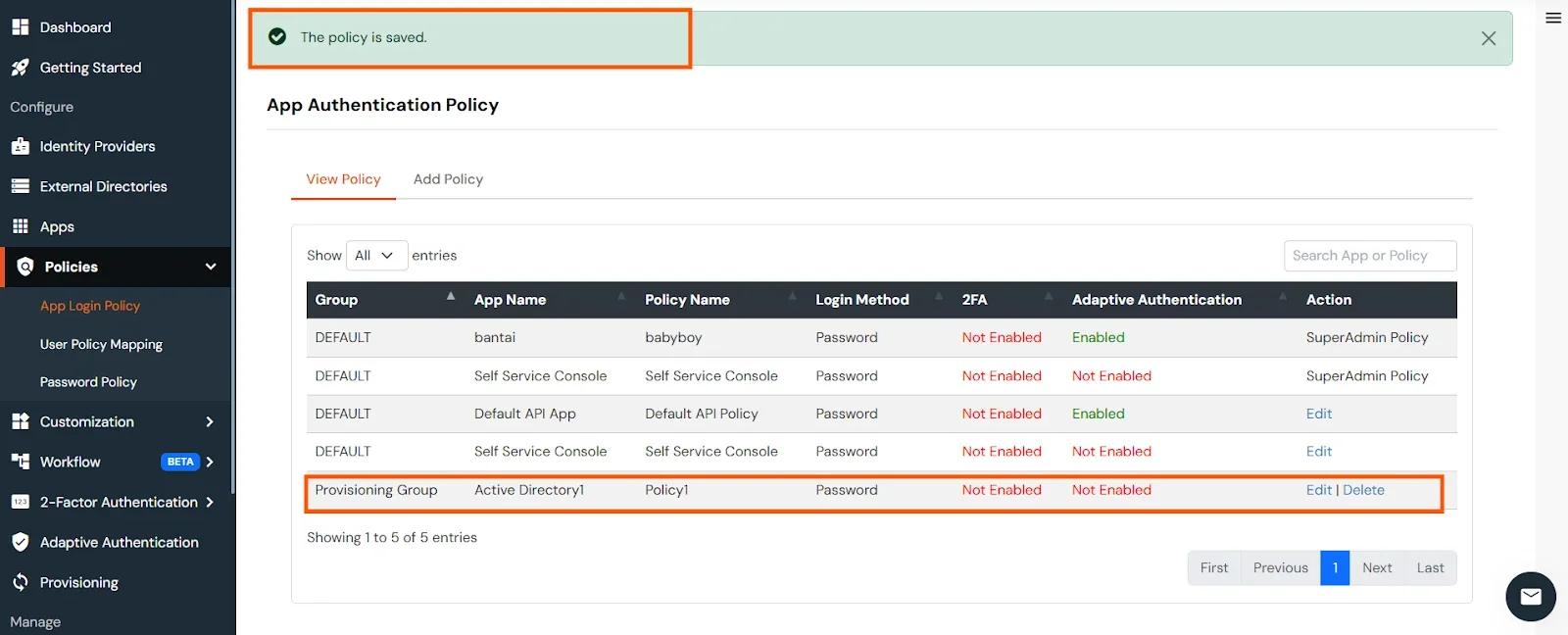 Policy creation success notification and policy listed under App Login Policy section