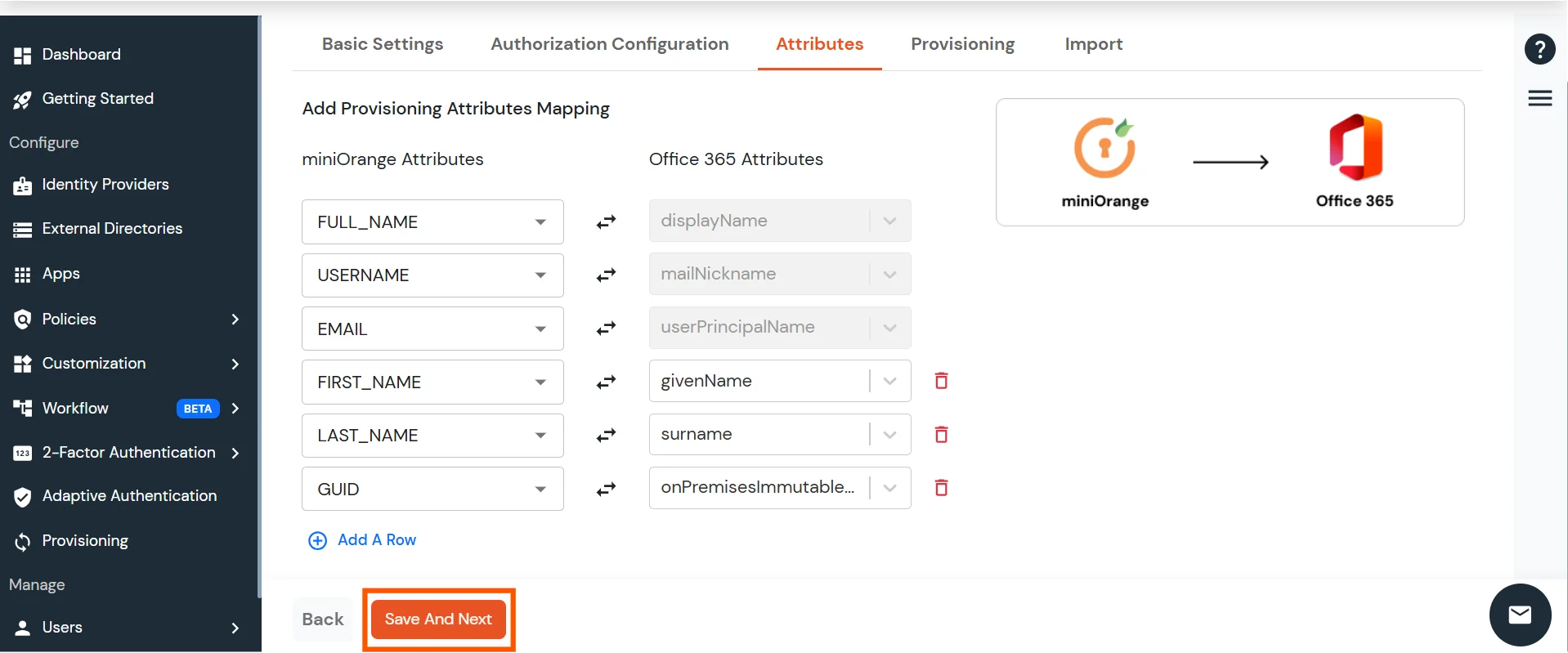 Default attributes setup screen for Office 365 provisioning