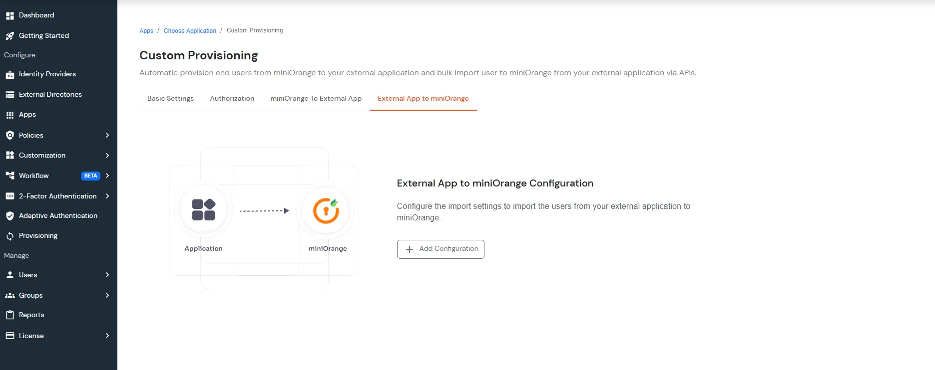 Add Configuration button under External App in miniOrange - import users