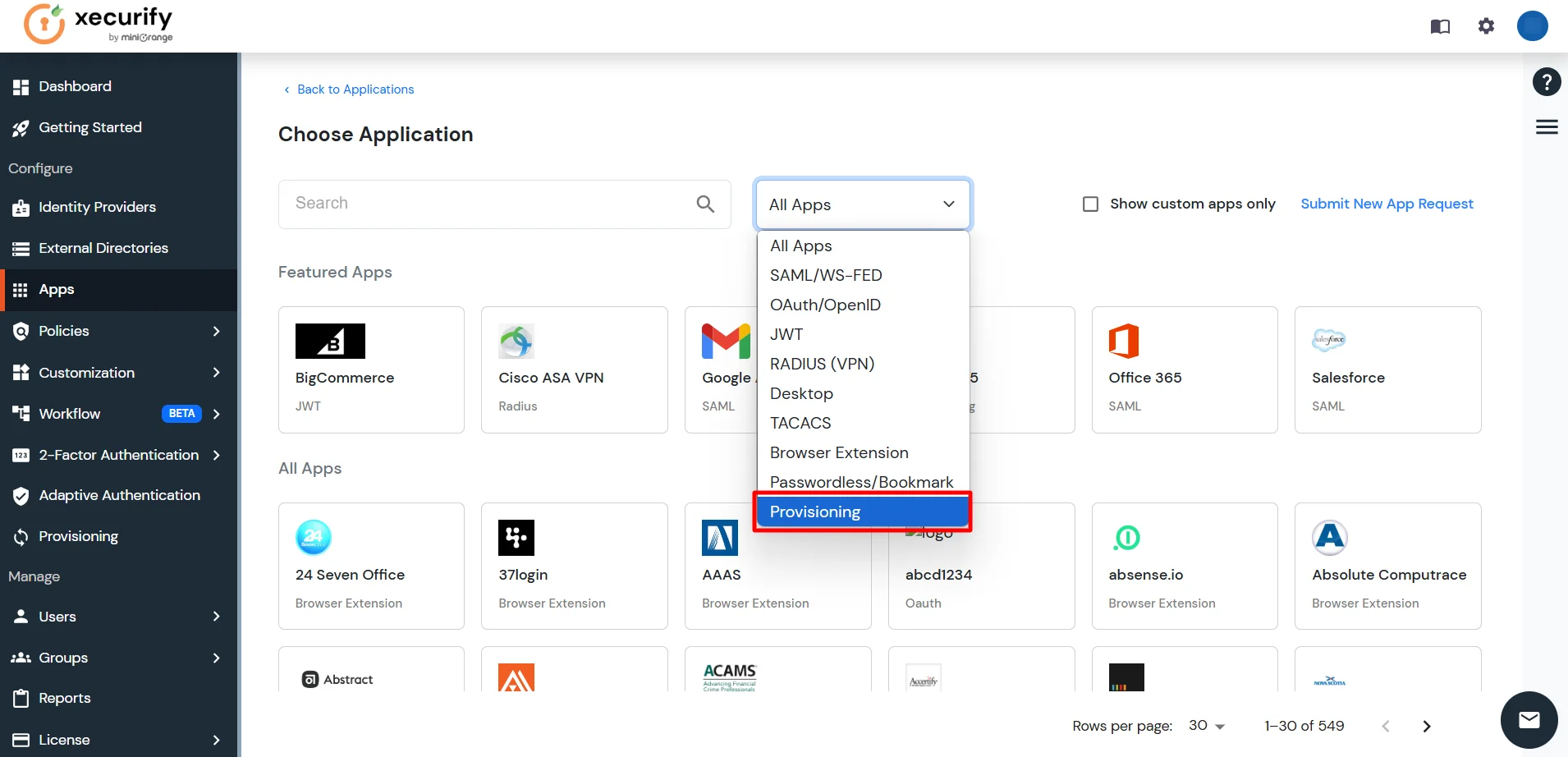 Choose Provisioning from the application dropdown in miniOrange