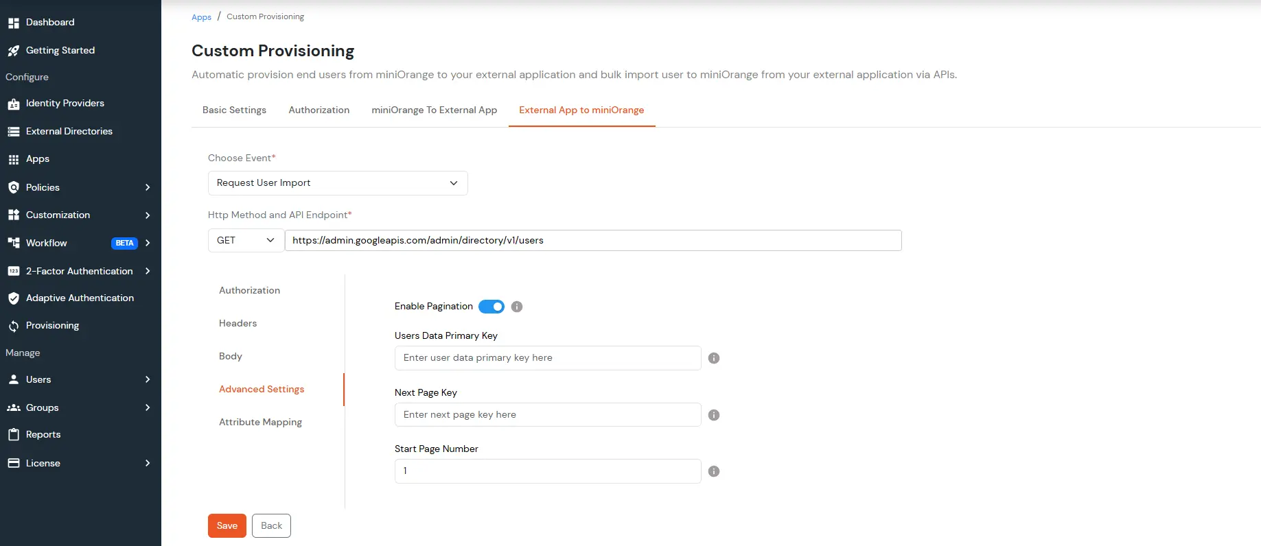 Enter the Next Page Key from API response to handle pagination - import users