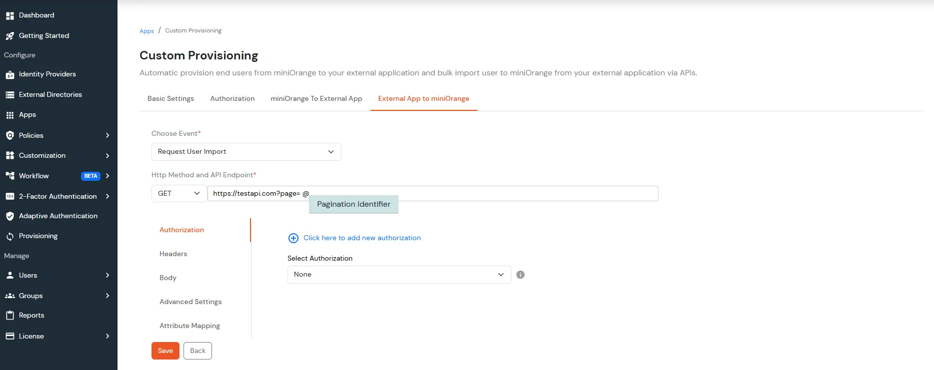 API configuration for enabling pagination with Pagination Identifier