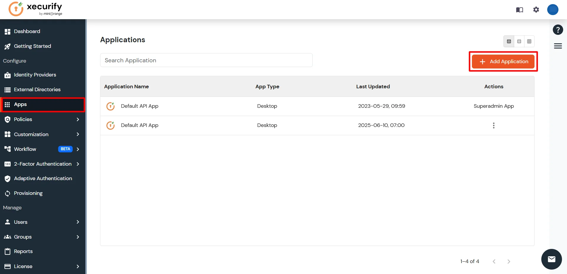 miniOrange Admin Console showing Add Application button in Apps menu