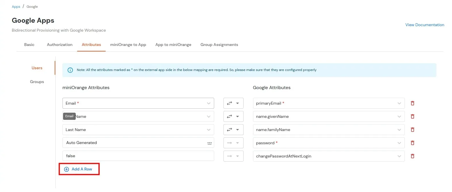 Google Apps Provisioning :Click on add a row