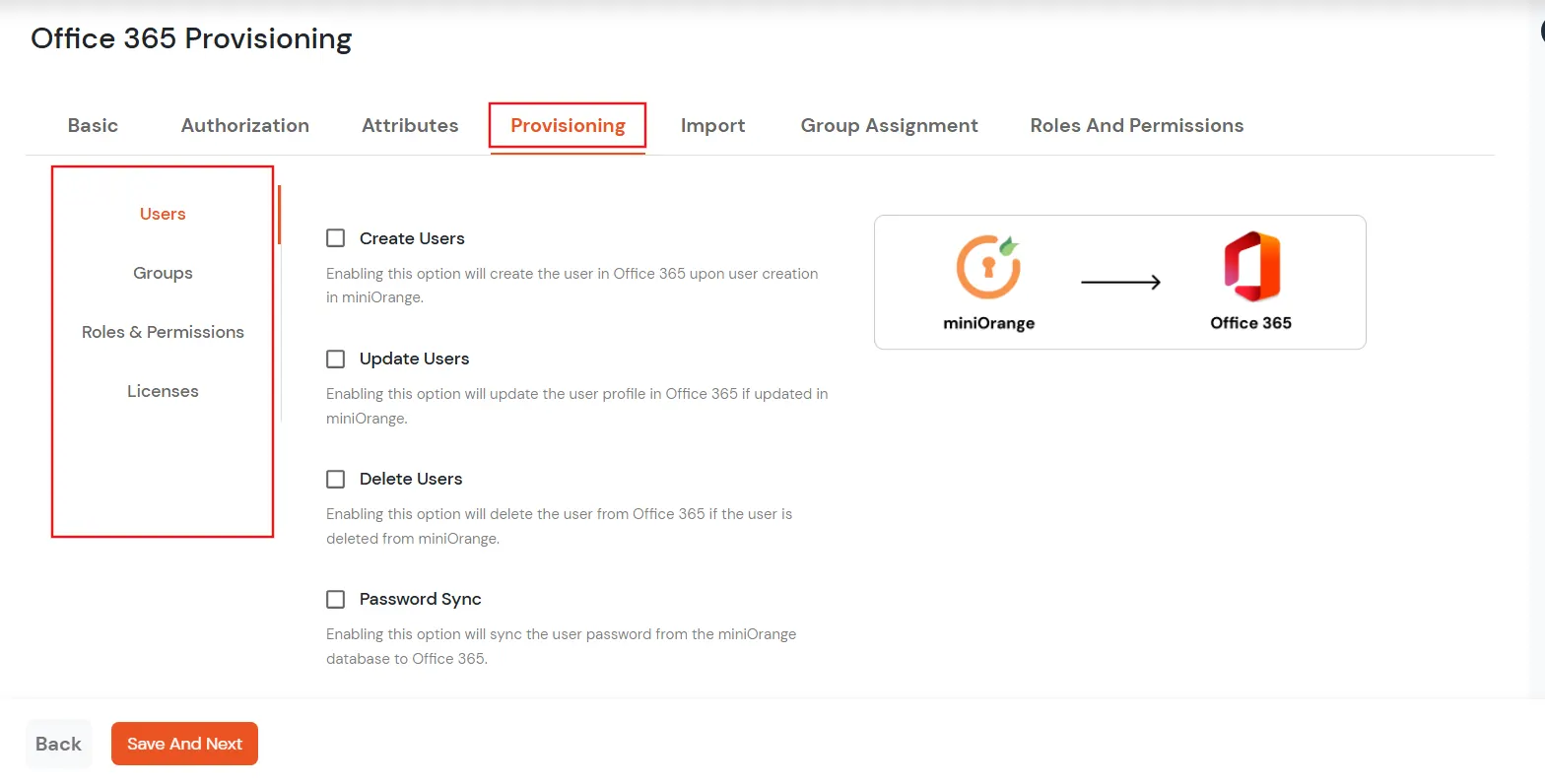 Office 365 provisioning: Click on Provisioning Tab