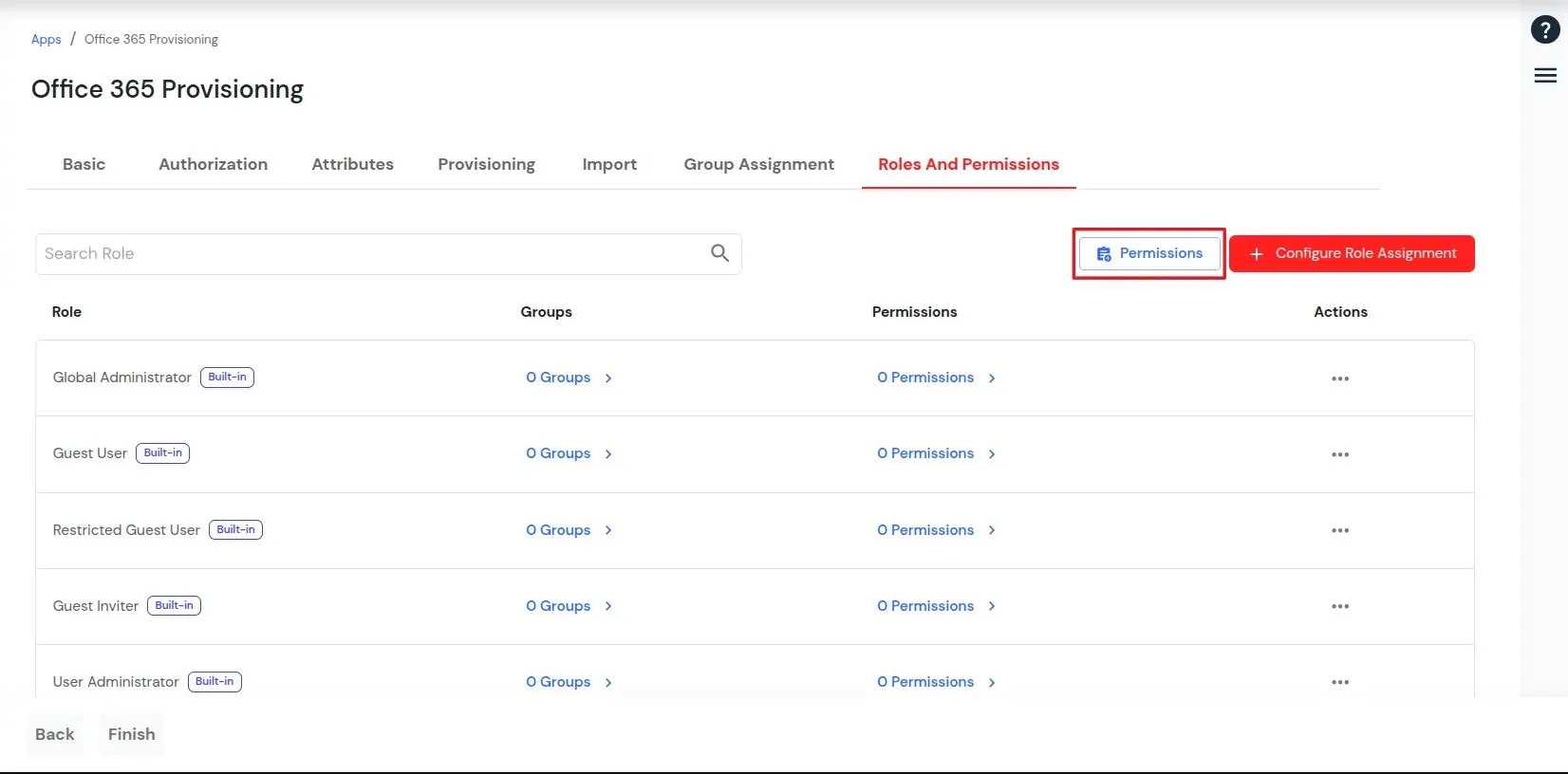 Office 365 provisioning: Click on the permissions button
