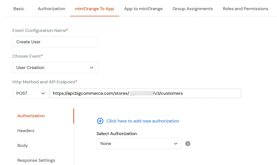 Custom Provisioning: Request Settings – POST and BigCommerce v3 customers endpoint