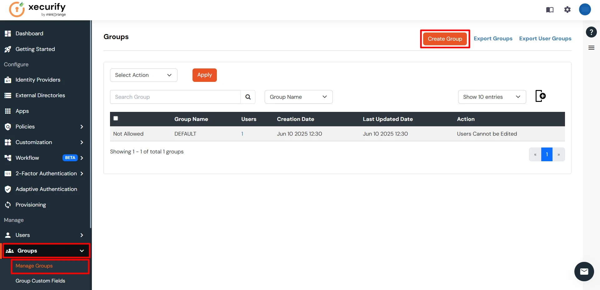 Click Create Group button in Manage Groups section for Office 365 provisioning