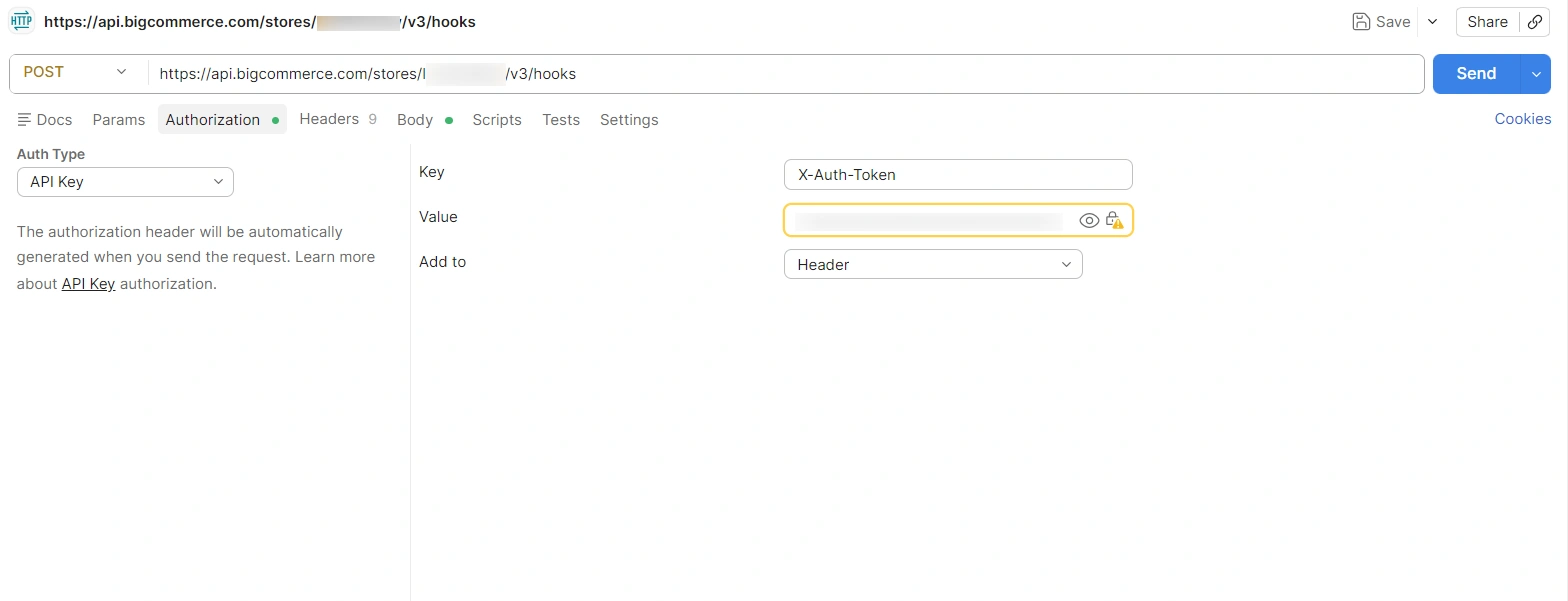 BigCommerce API: Create webhook – POST to v3/hooks with X-Auth-Token header