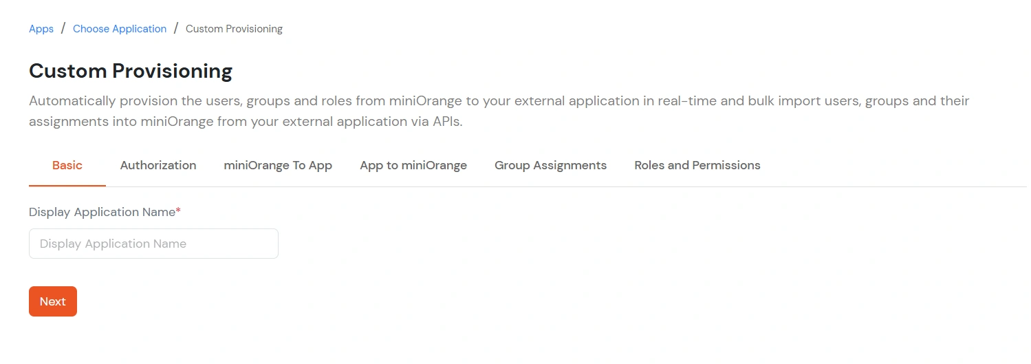 Custom Provisioning: Enter Display Application Name and Next