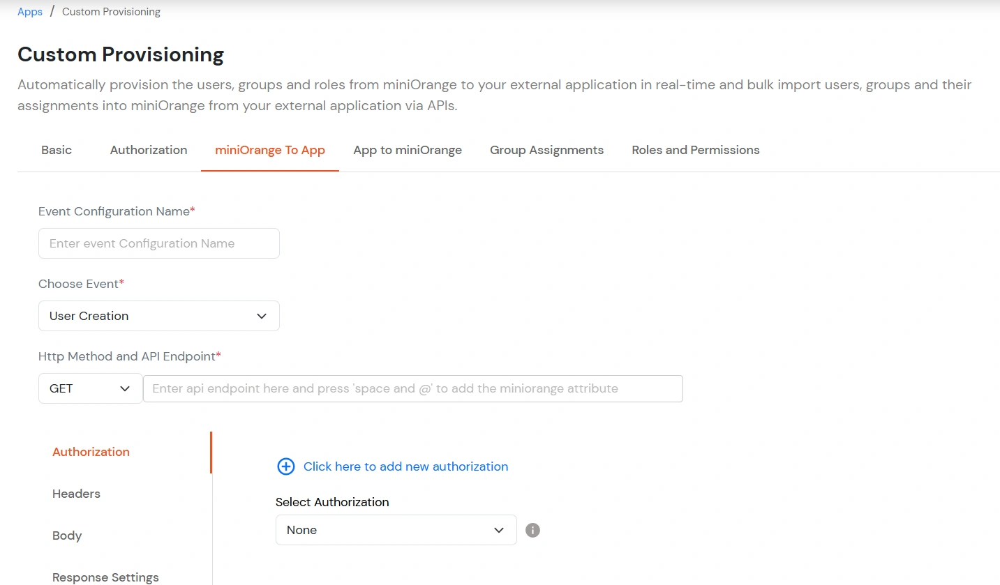 Custom Provisioning: Event Configuration Name and API endpoint