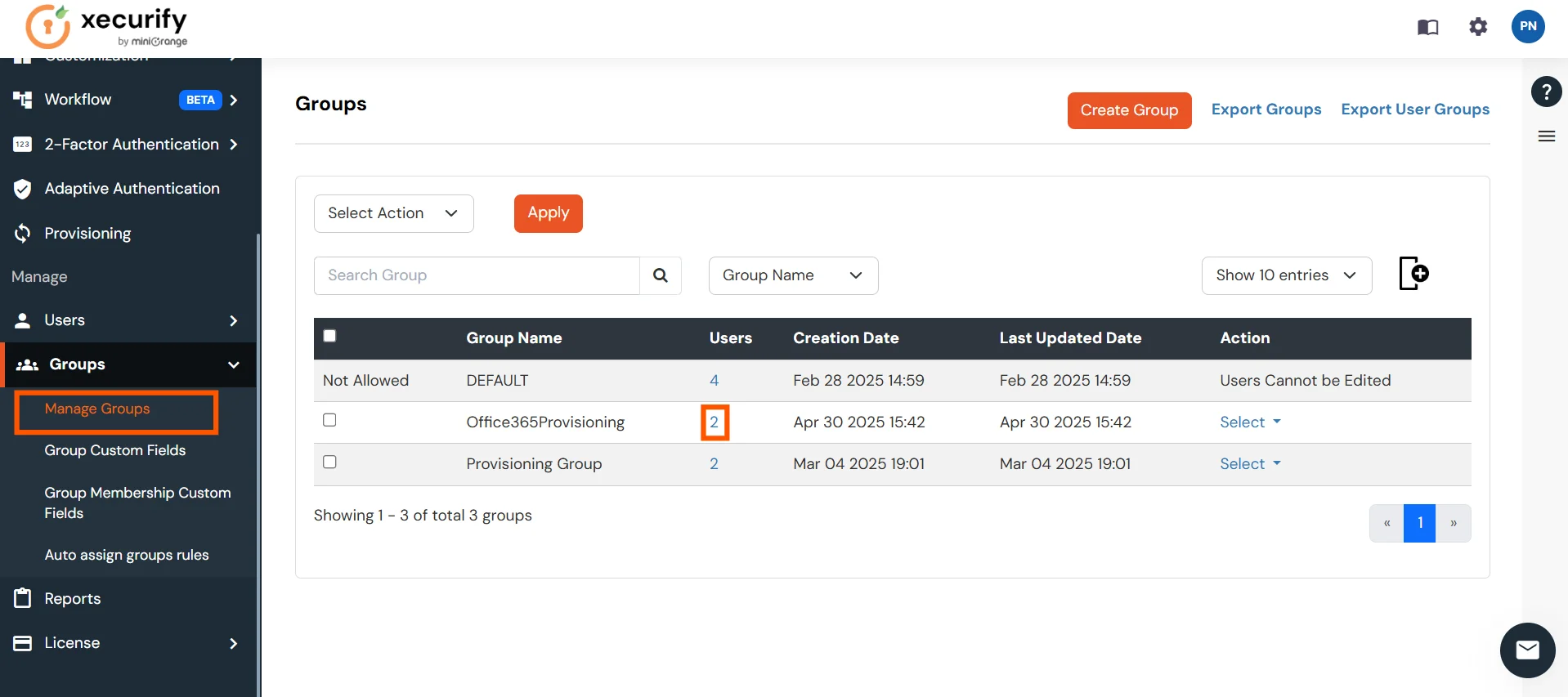 Manage Groups section showing user counts in groups