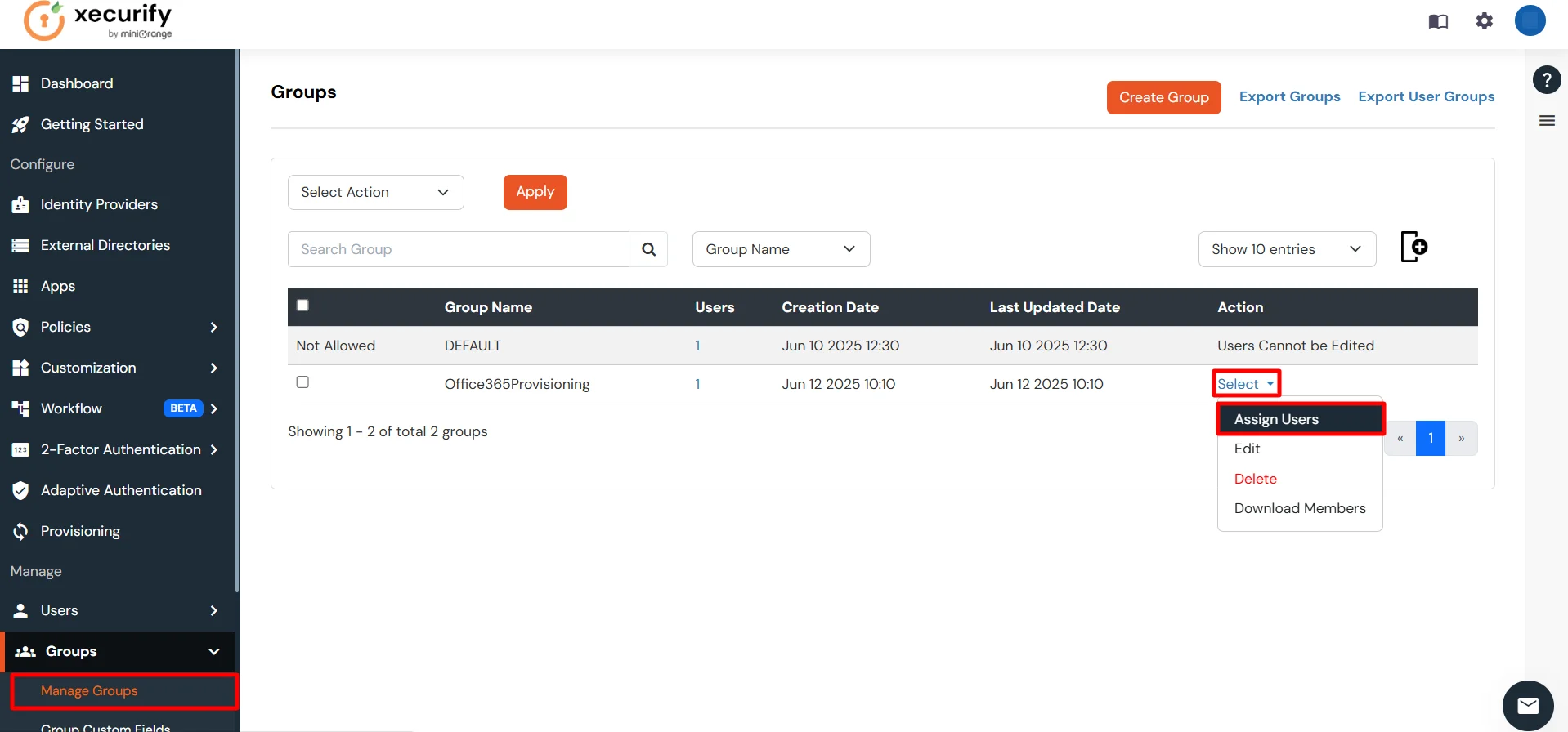 Selecting group and assigning users for Office 365 provisioning