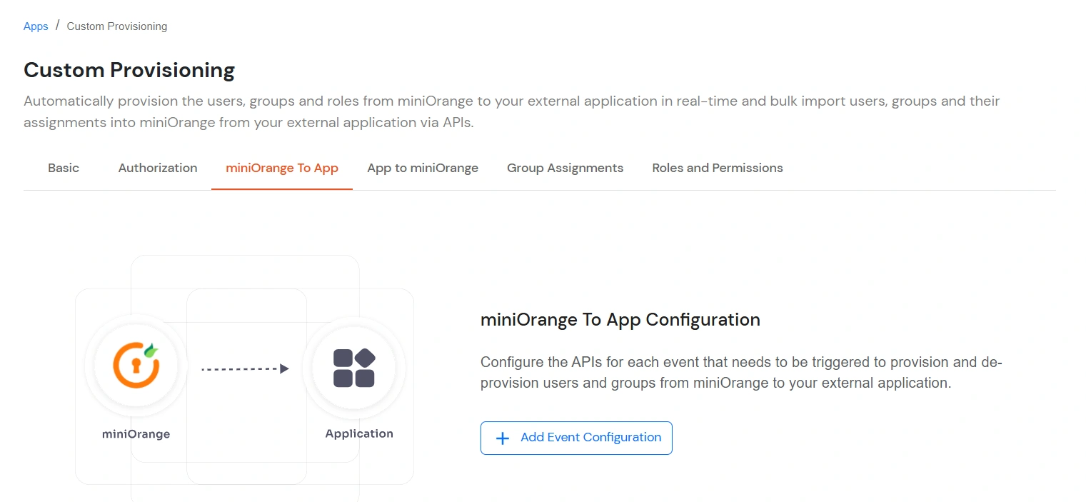 Custom Provisioning: miniOrange to App tab for event configuration