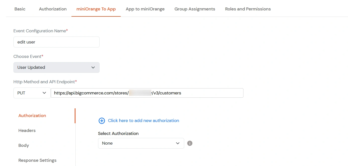 Custom Provisioning: User update – PUT method and BigCommerce customers endpoint