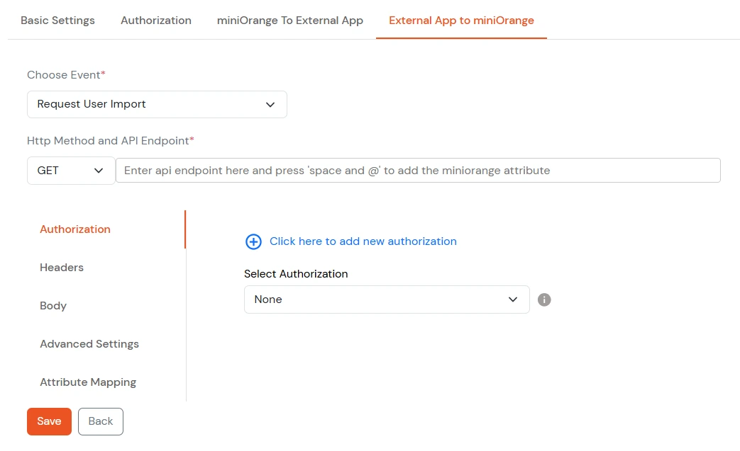 Select Request user import event from the dropdown menu