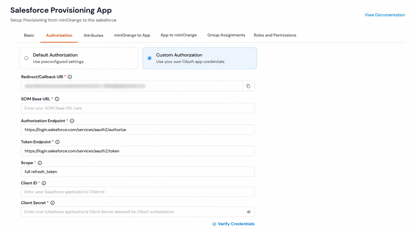 Aprovisionamiento de aplicaciones de Salesforce: Autorización personalizada