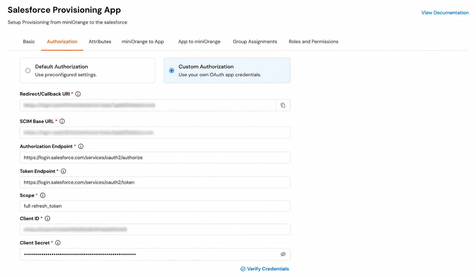 Aprovisionamiento de aplicaciones de Salesforce: Credenciales personalizadas