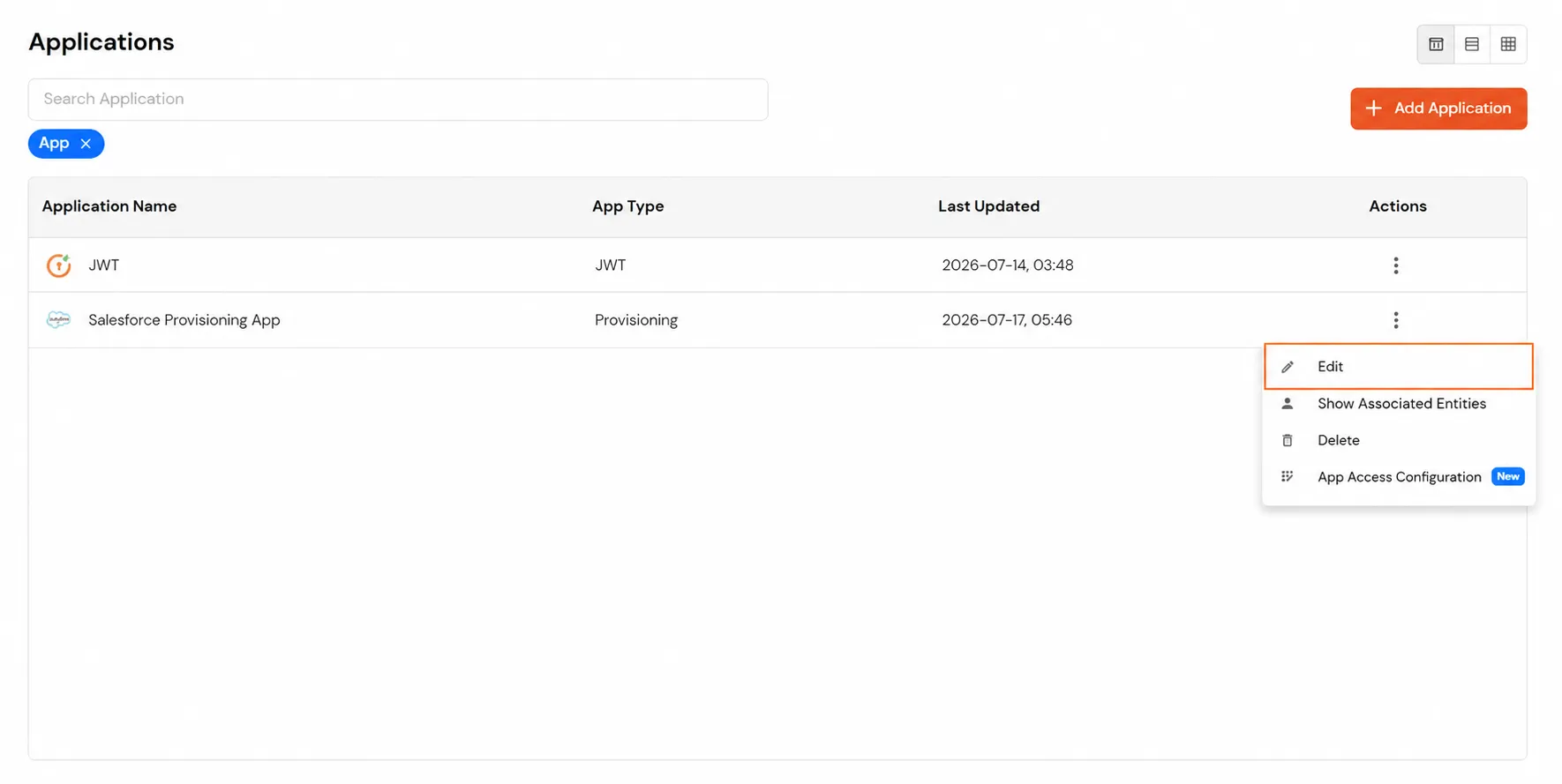 Aprovisionamiento de aplicaciones de Salesforce: Seleccione la aplicación de aprovisionamiento de Salesforce.