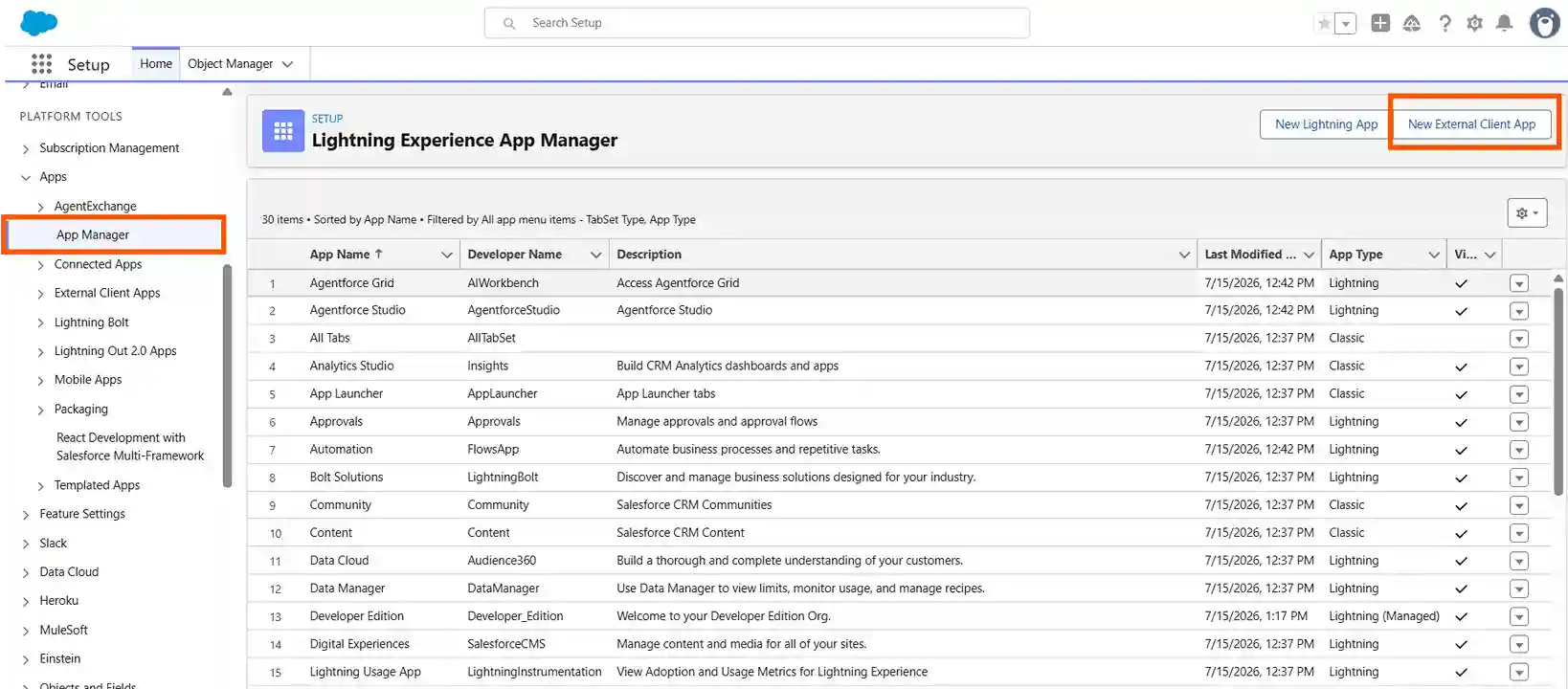 Aprovisionamiento de aplicaciones de Salesforce: haga clic en la aplicación cliente externa.